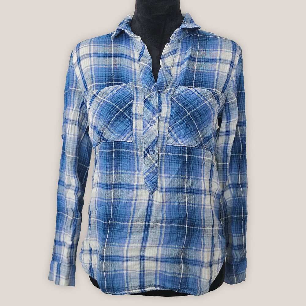 CLOTH & STONE Blue Plaid Long Sleeve Botton Up Top Cotton Shirt w/ Roll Tab